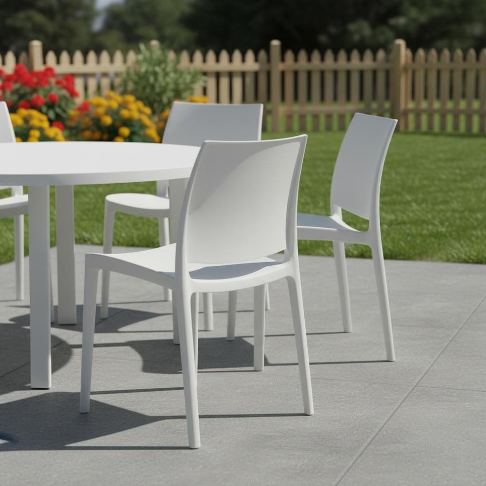 Set of Four White Heavy Duty Plastic Outdoor Stacking Dining Chairs  Warm Home View