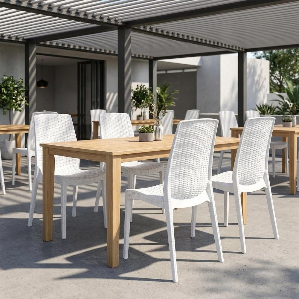 Set of Four White Heavy Duty Plastic Outdoor Stacking Dining Chairs  Warm Home View