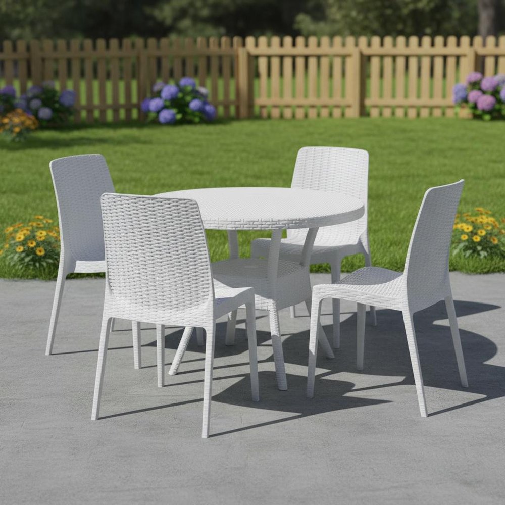 Set of Four White Heavy Duty Plastic Outdoor Stacking Dining Chairs  Warm Home View