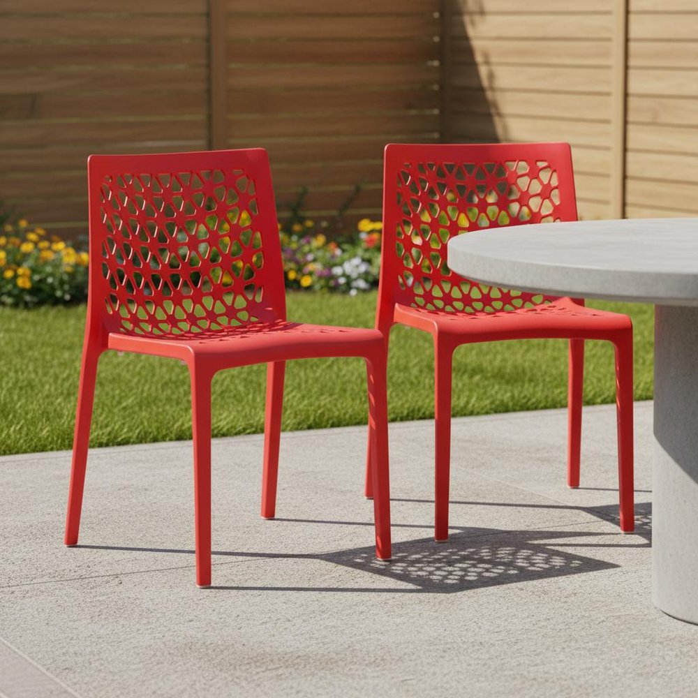 Set of Two Red Heavy Duty Plastic Outdoor Stacking Dining Chairs  Warm Home View