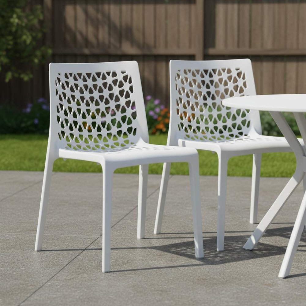 Set of Two White Heavy Duty Plastic Outdoor Stacking Dining Chairs  Warm Home View