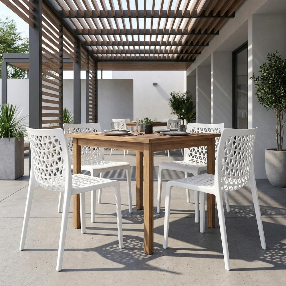 Set of Two White Heavy Duty Plastic Outdoor Stacking Dining Chairs  Warm Home View