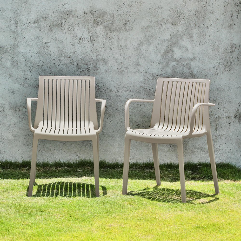 Set of Two Taupe Heavy Duty Plastic Outdoor Stacking Arm Chairs  Warm Home View