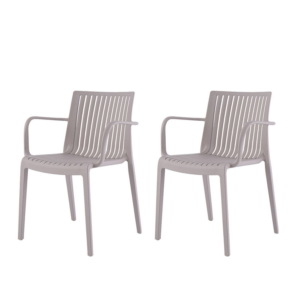 Set of Two Taupe Heavy Duty Plastic Outdoor Stacking Arm Chairs  Warm Home View