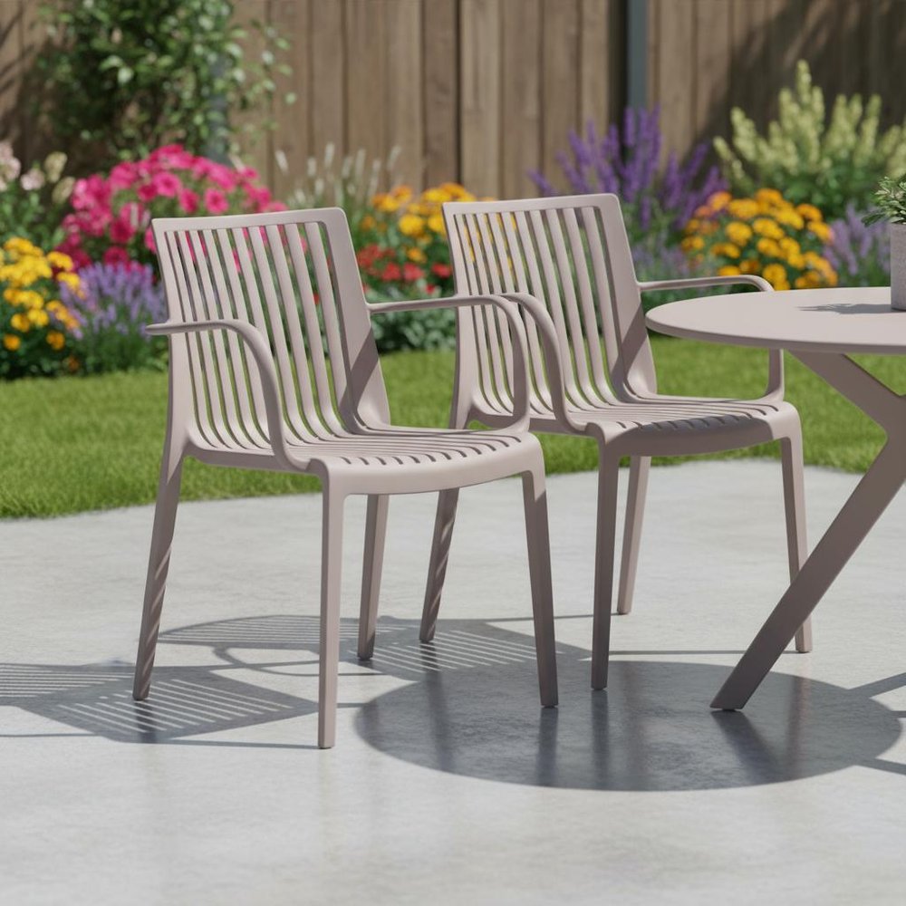 Set of Two Taupe Heavy Duty Plastic Outdoor Stacking Arm Chairs  Warm Home View