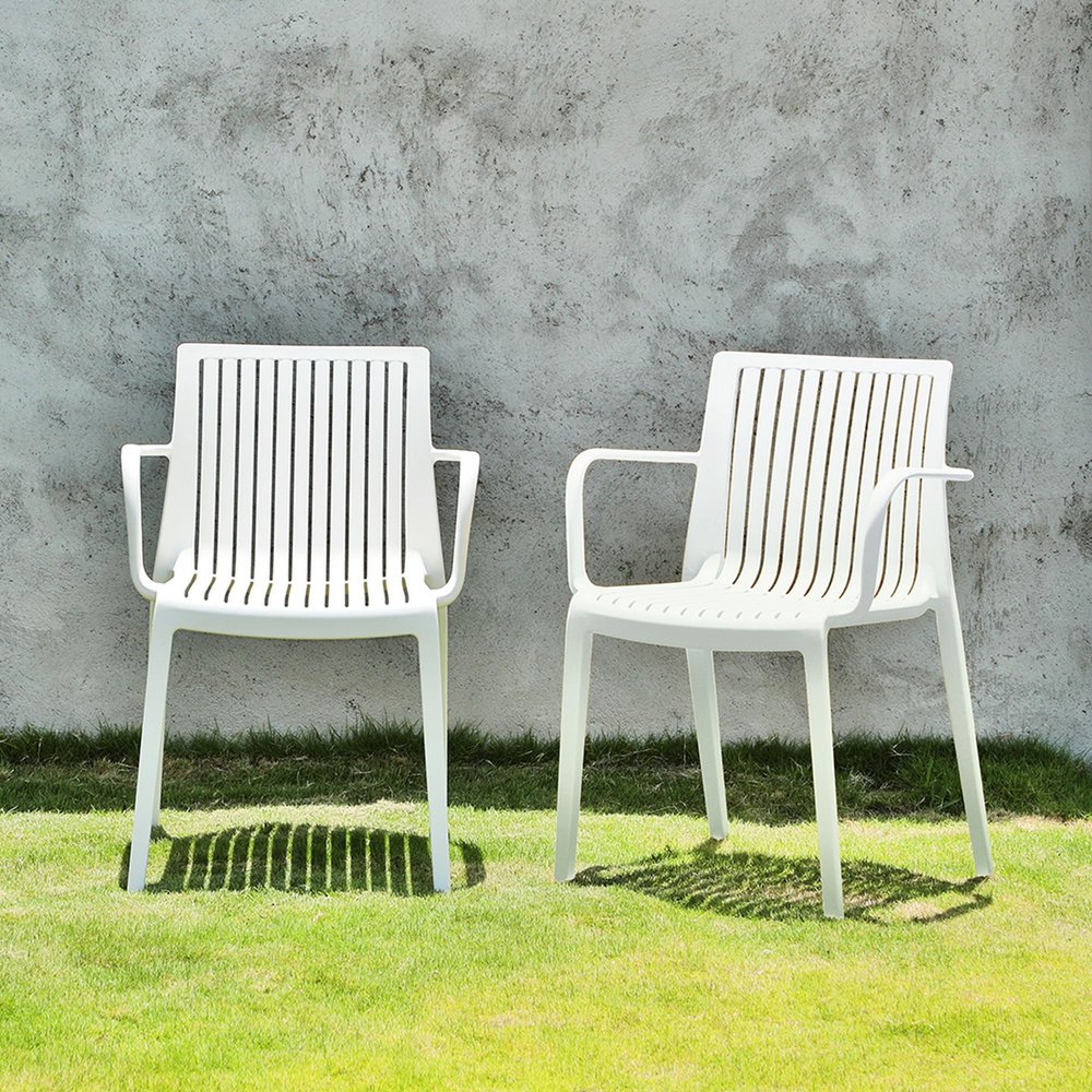 Set of Two White Heavy Duty Plastic Outdoor Stacking Arm Chairs  Warm Home View