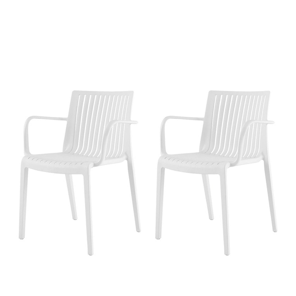 Set of Two White Heavy Duty Plastic Outdoor Stacking Arm Chairs  Warm Home View