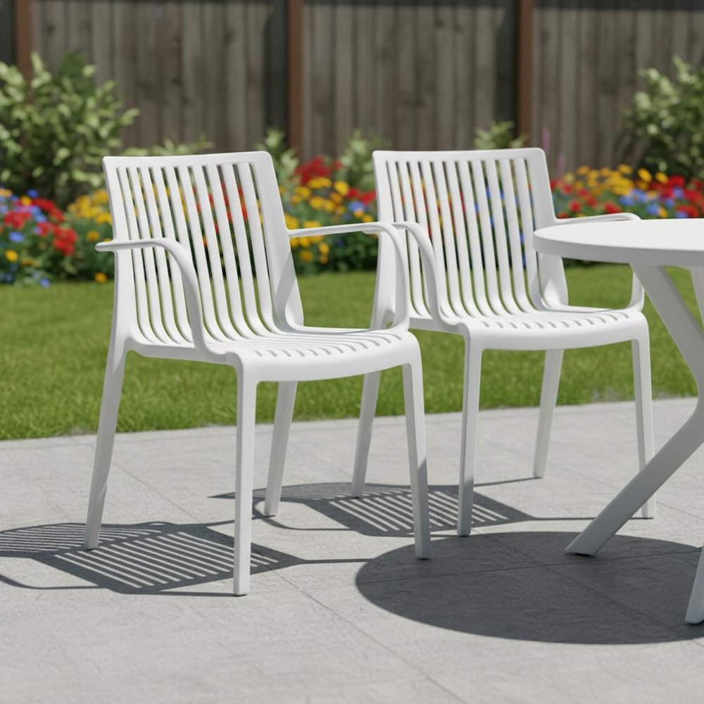 Set of Two White Heavy Duty Plastic Outdoor Stacking Arm Chairs  Warm Home View