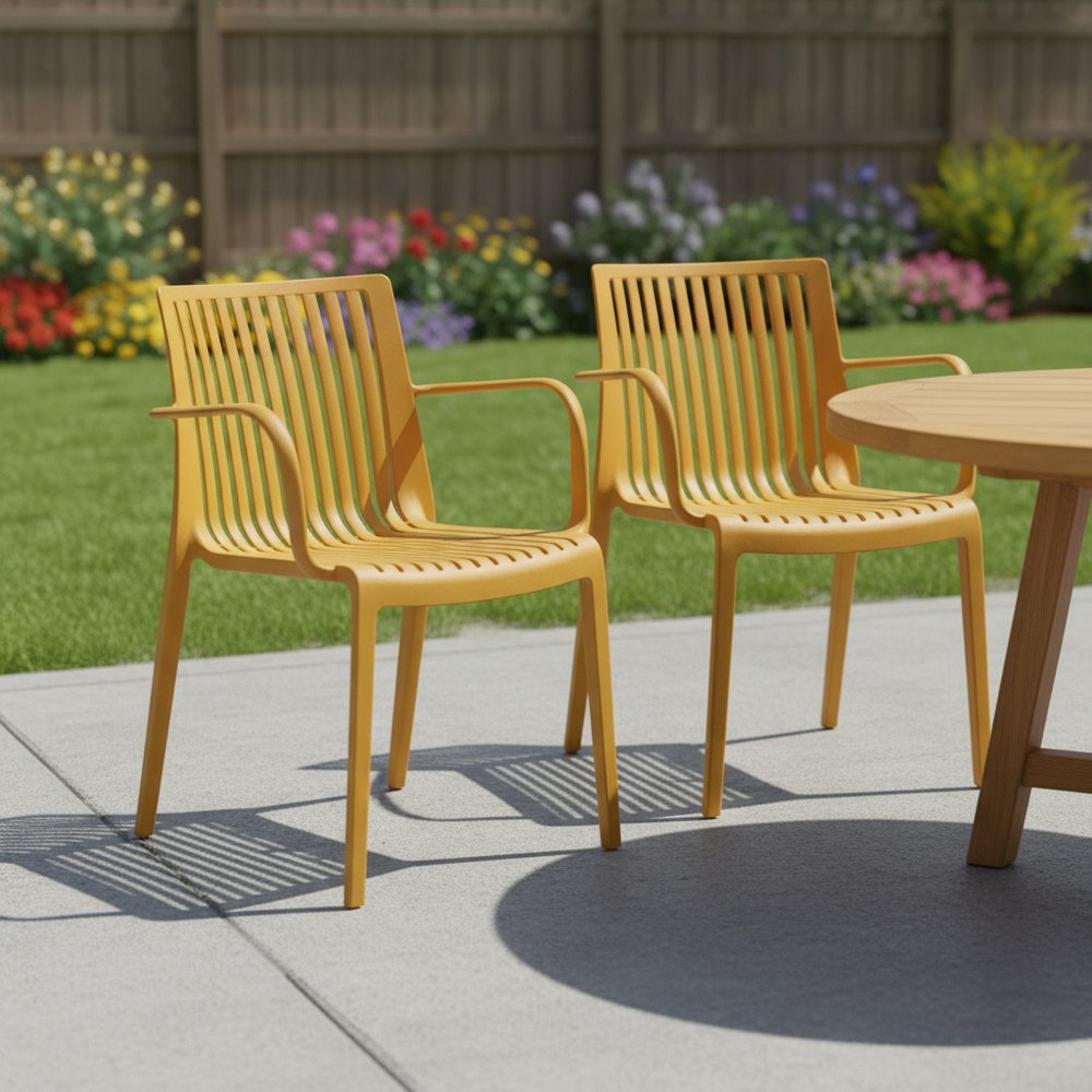 Set of Two Yellow Heavy Duty Plastic Outdoor Stacking Arm Chairs – Weather Resistant  Warm Home View