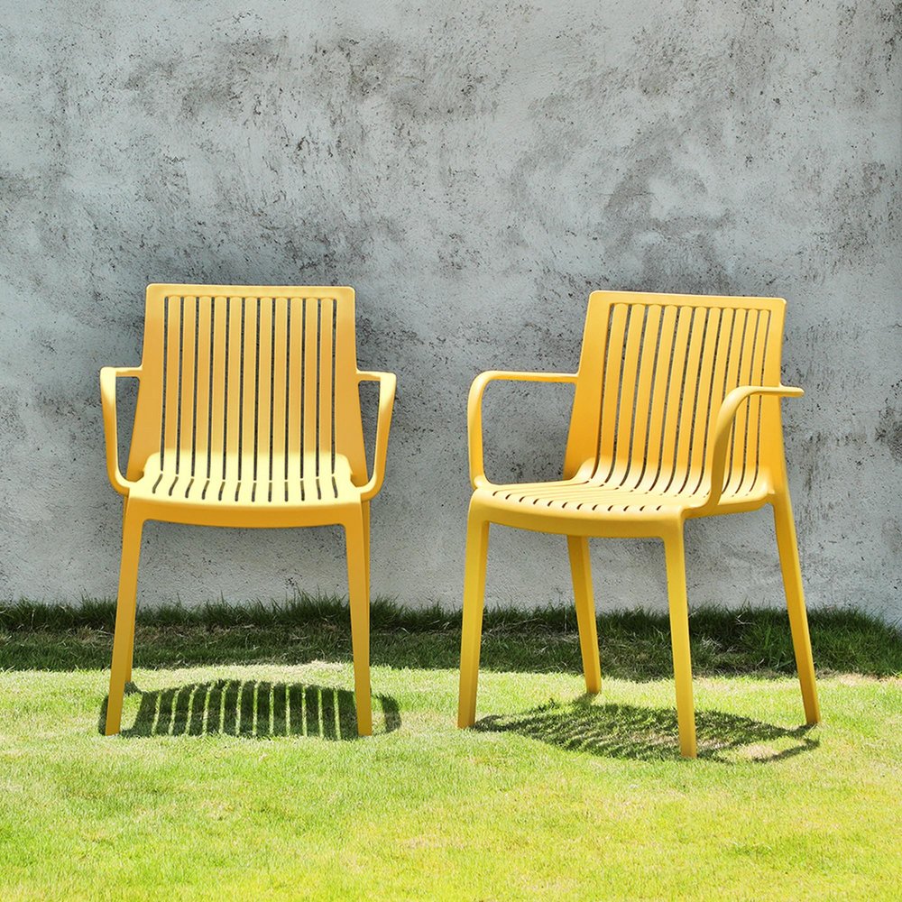 Set of Two Yellow Heavy Duty Plastic Outdoor Stacking Arm Chairs  Warm Home View