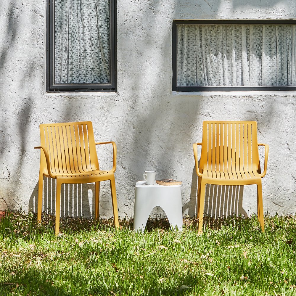 Set of Two Yellow Heavy Duty Plastic Outdoor Stacking Arm Chairs – Weather Resistant  Warm Home View