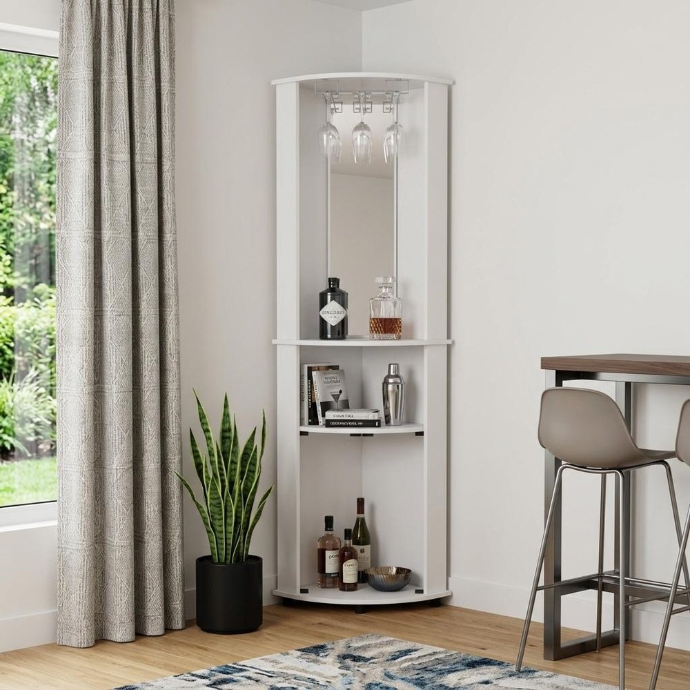 75" White Wood Corner Bar Cabinet With Three Shelves  Warm Home View