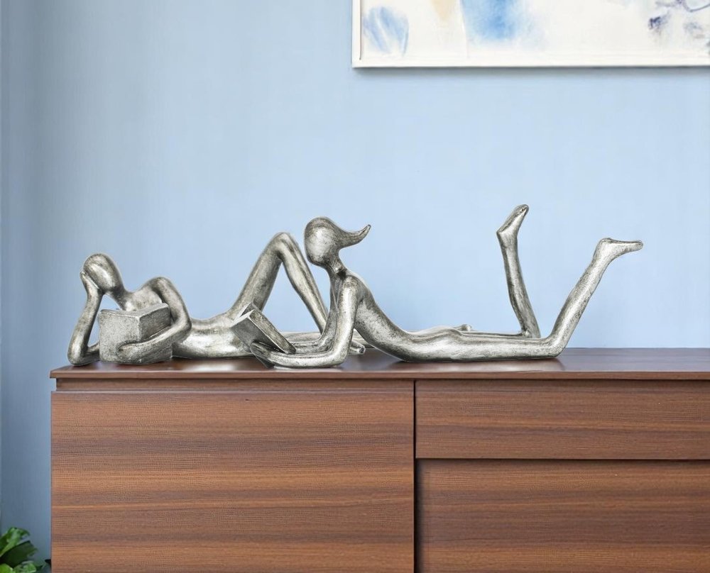 Set of Two Pewter Resin People Tabletop Sculpture  Warm Home View