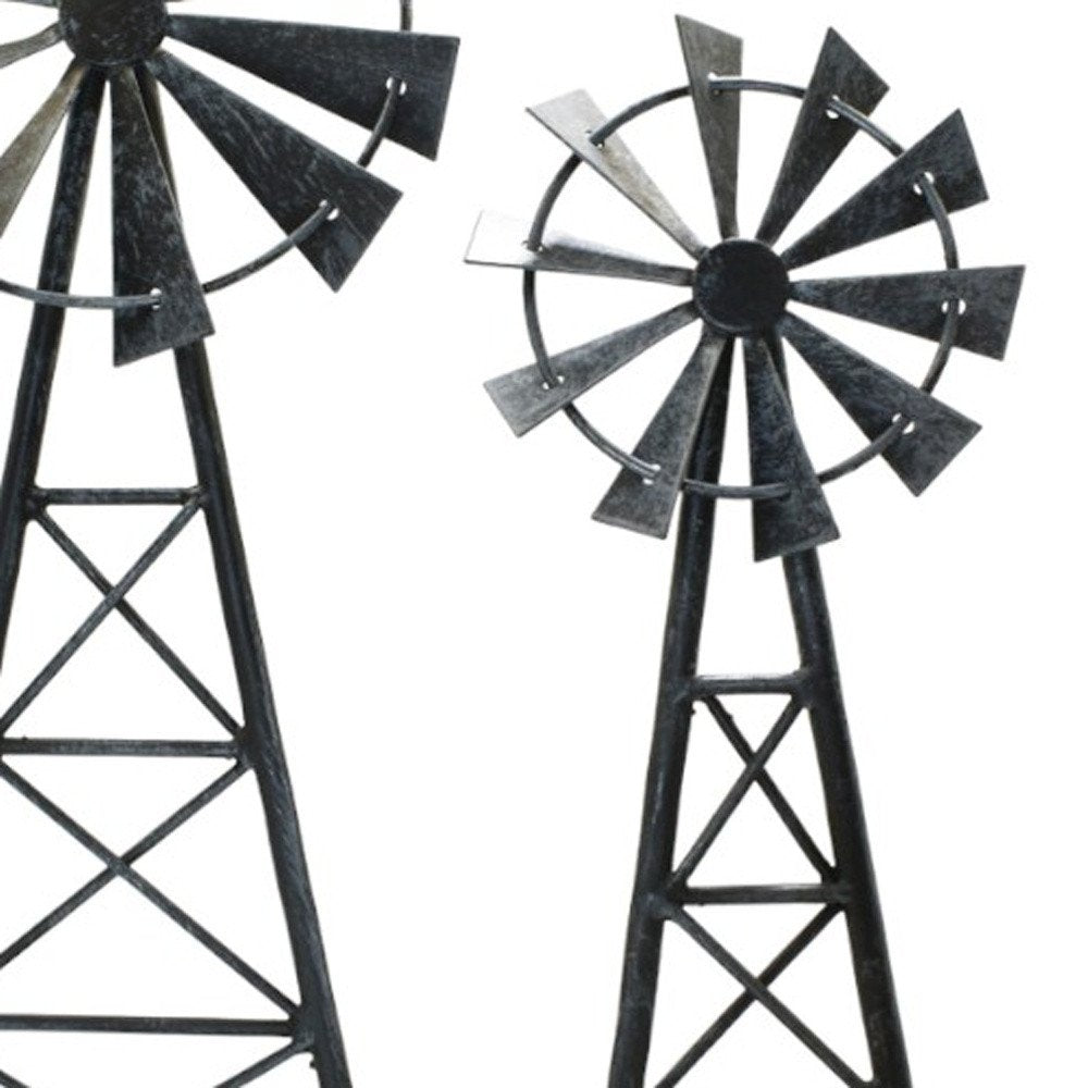 Set of Two Pewter Metal Windmill Tabletop Sculpture  Warm Home View