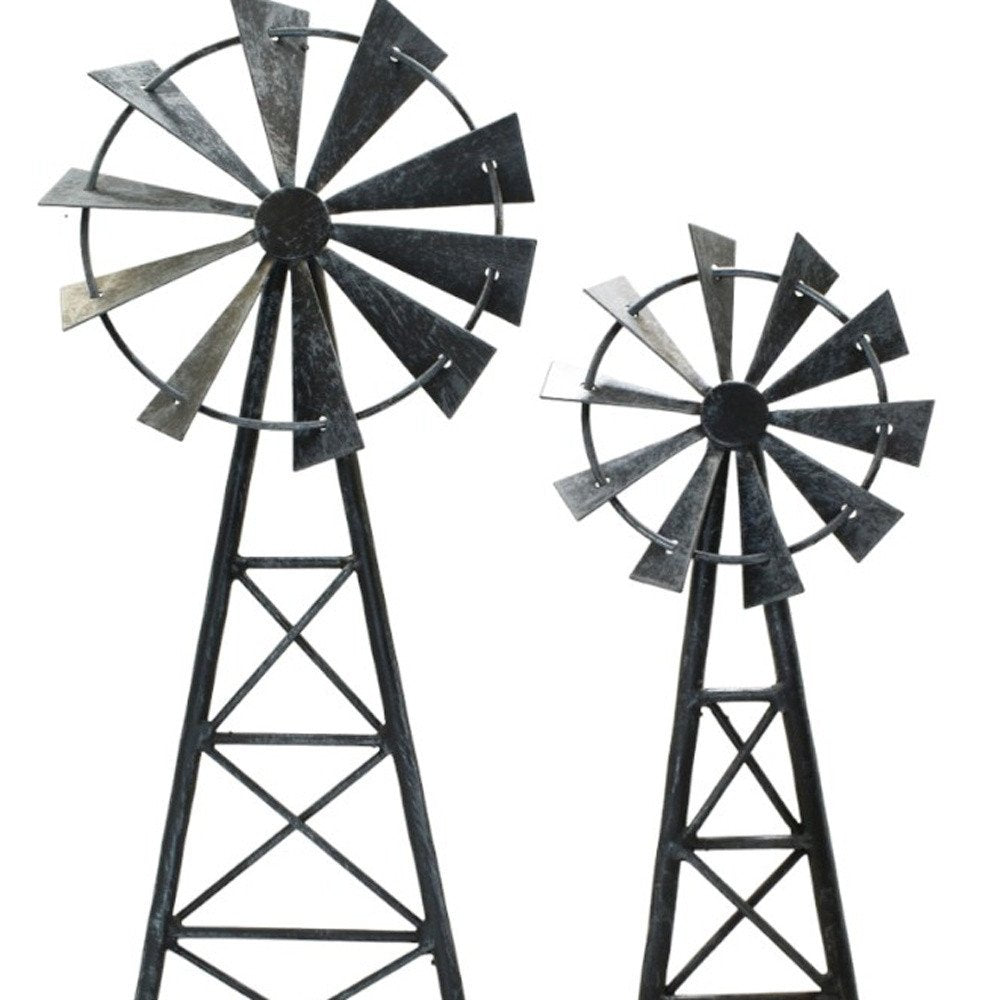 Set of Two Pewter Metal Windmill Tabletop Sculpture  Warm Home View