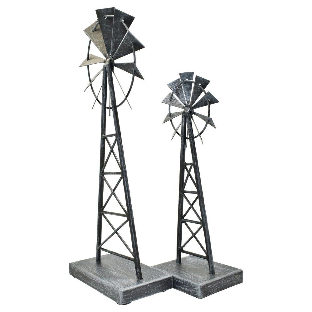 Set of Two Pewter Metal Windmill Tabletop Sculpture  Warm Home View