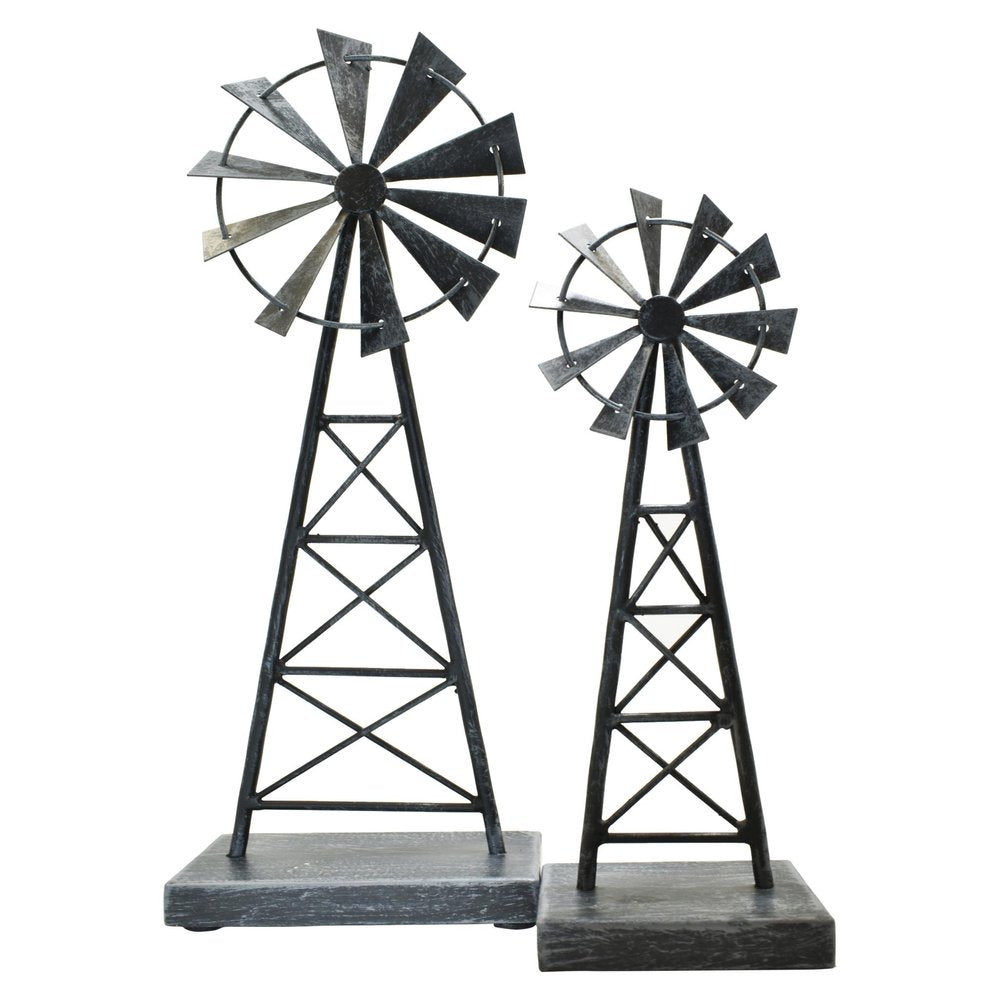 Set of Two Pewter Metal Windmill Tabletop Sculpture  Warm Home View