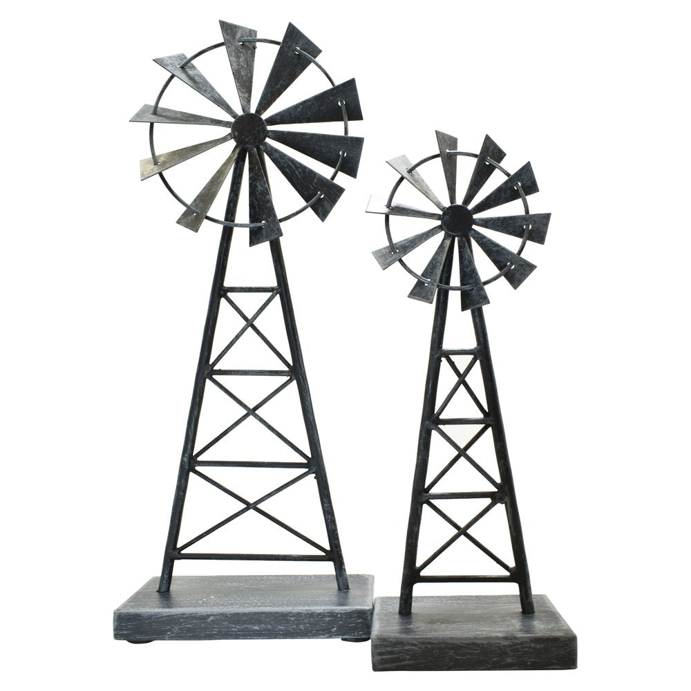Set of Two Pewter Metal Windmill Tabletop Sculpture  Warm Home View