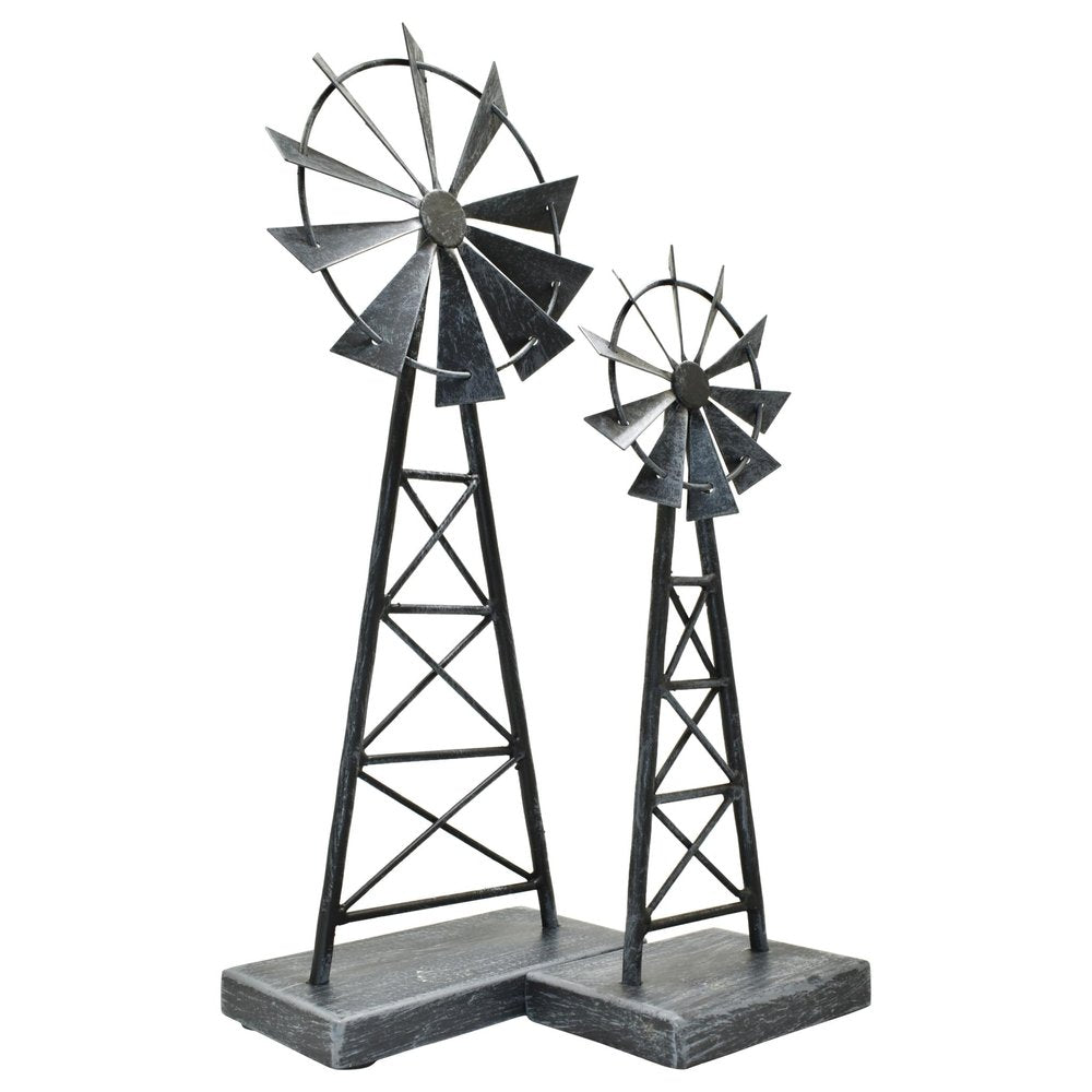 Set of Two Pewter Metal Windmill Tabletop Sculpture  Warm Home View