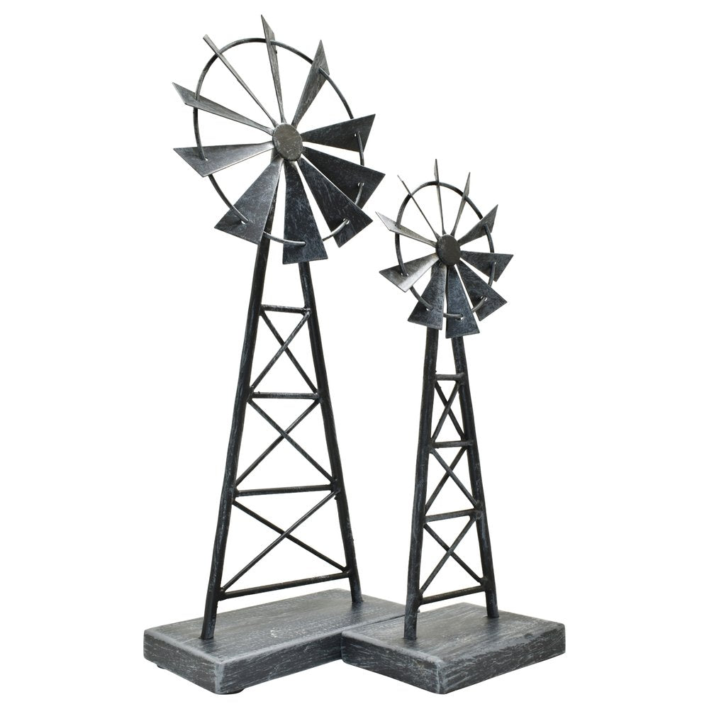 Set of Two Pewter Metal Windmill Tabletop Sculpture  Warm Home View