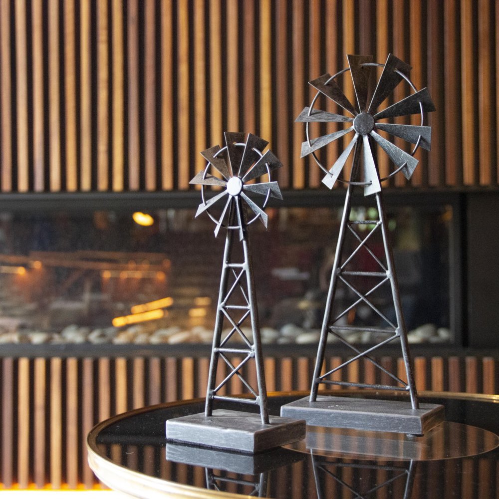 Set of Two Pewter Metal Windmill Tabletop Sculpture  Warm Home View