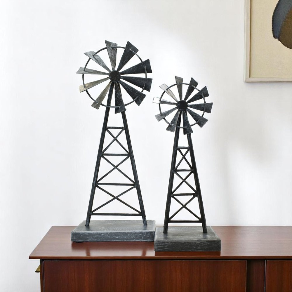 Set of Two Pewter Metal Windmill Tabletop Sculpture  Warm Home View
