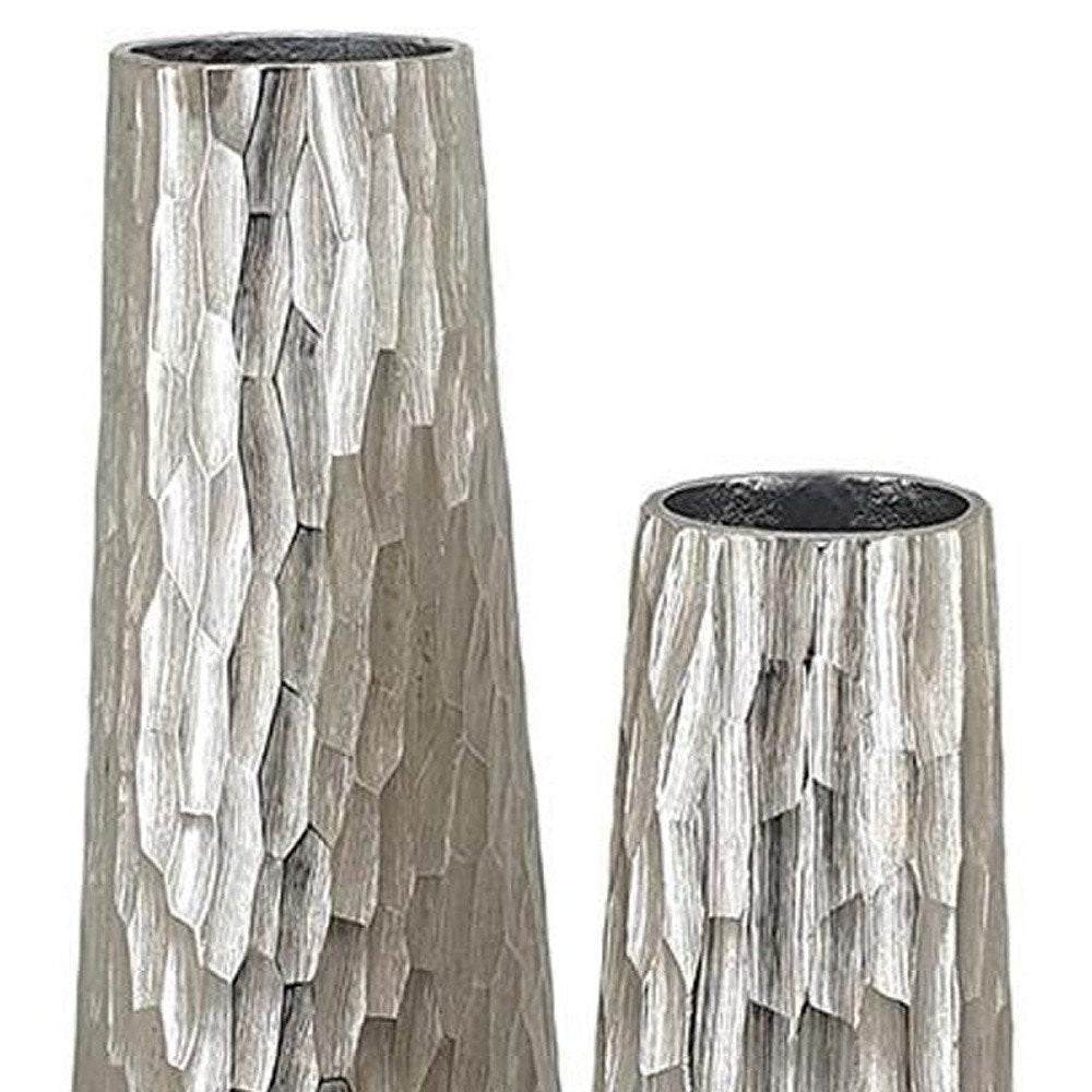 Set of Two Silver Cast Aluminum Textured Table Vases  Warm Home View