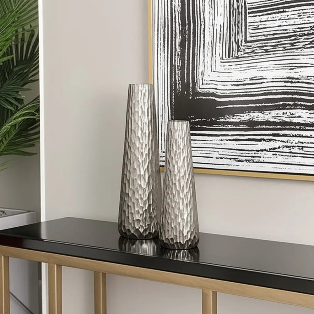 Set of Two Silver Cast Aluminum Textured Table Vases  Warm Home View