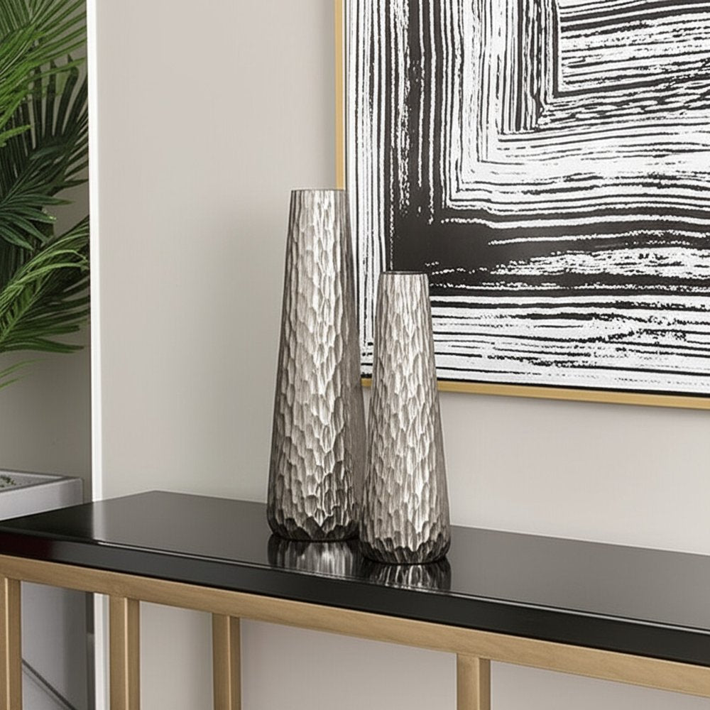 Set of Two Silver Cast Aluminum Textured Table Vases  Warm Home View