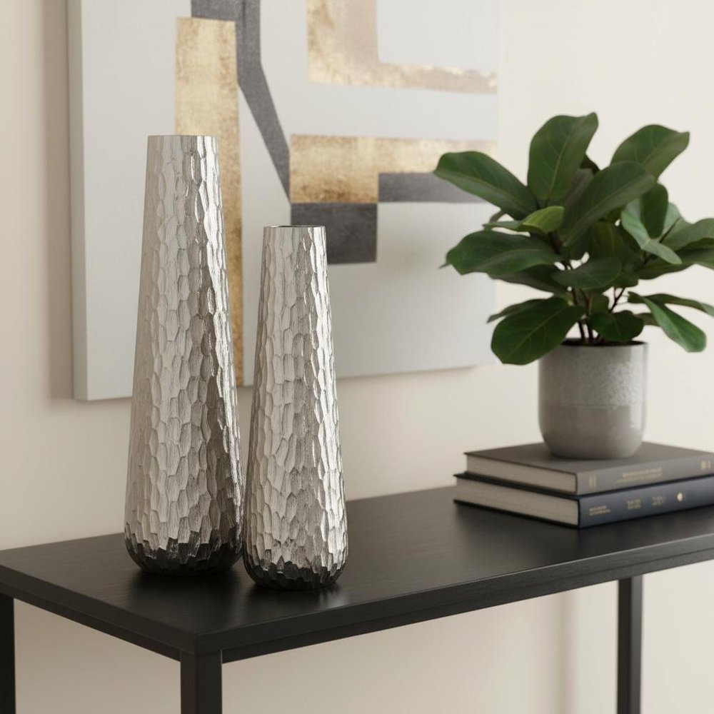 Set of Two Silver Cast Aluminum Textured Table Vases  Warm Home View