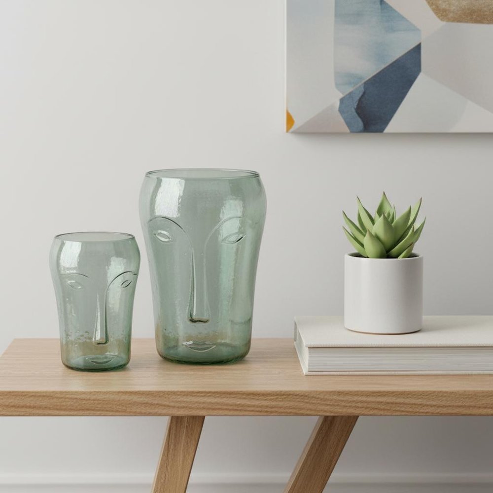 Set of Two Light Green Glass Modern Abstract Faces Table Vases  Warm Home View