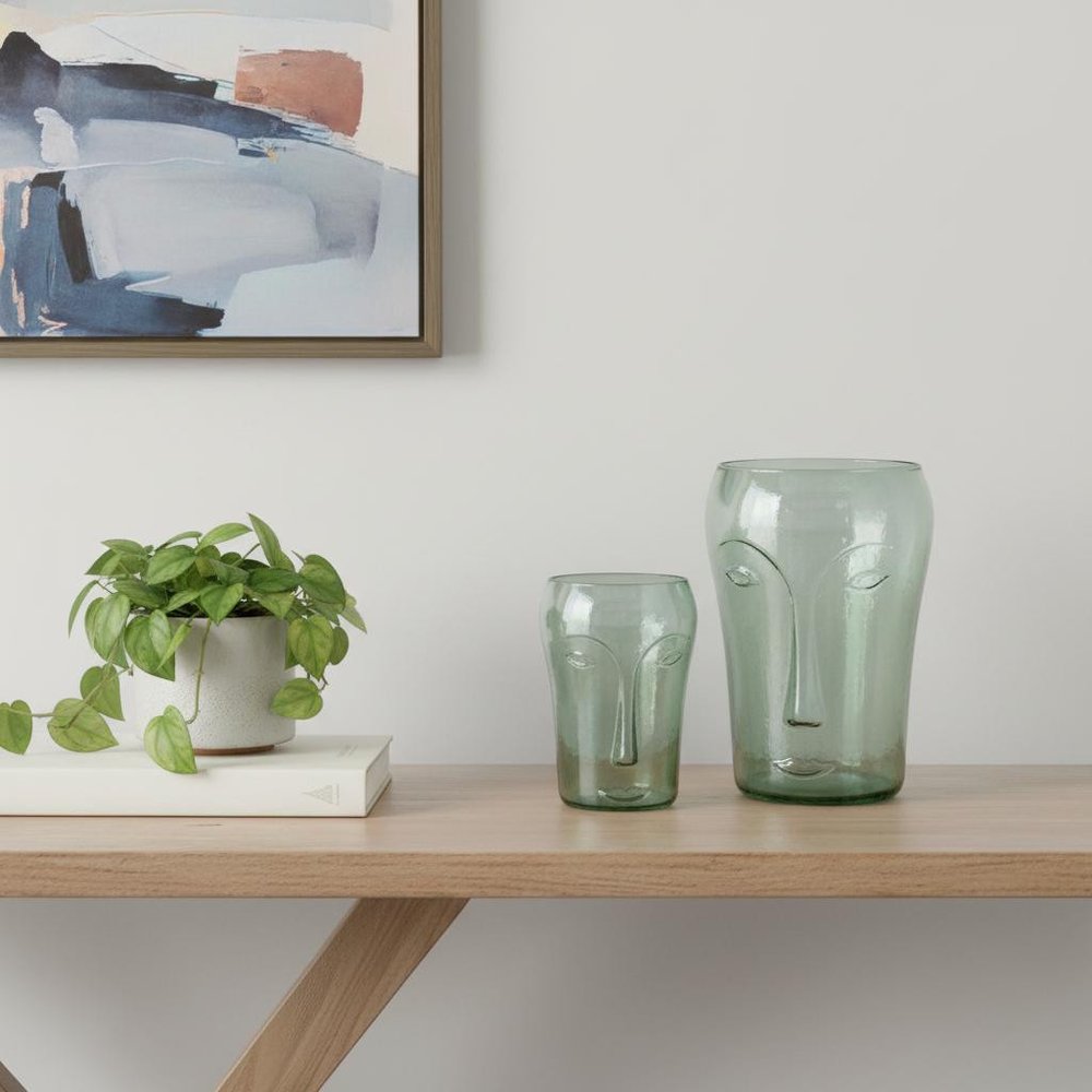 Set of Two Light Green Glass Modern Abstract Faces Table Vases  Warm Home View