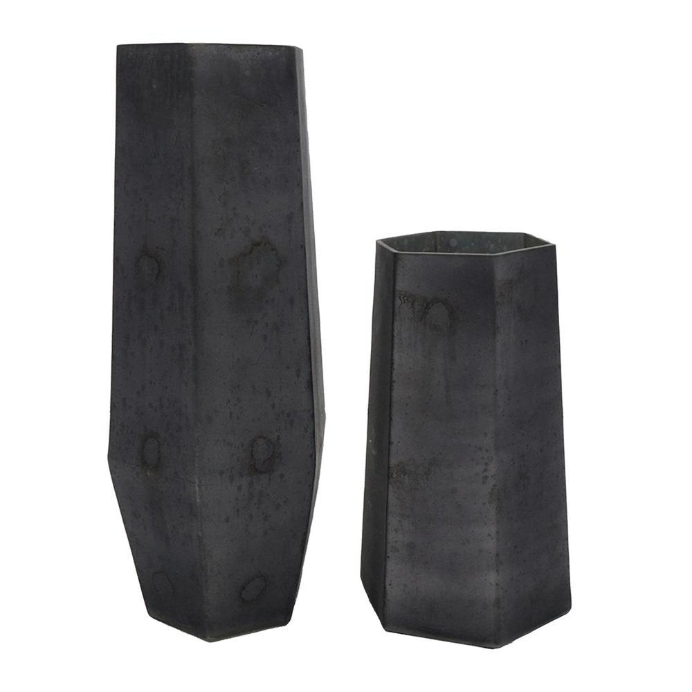 Set of Two Black Hexagonal Glass Table Vases  Warm Home View