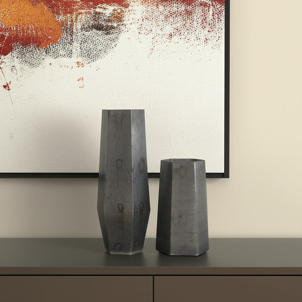 Set of Two Black Hexagonal Glass Table Vases  Warm Home View