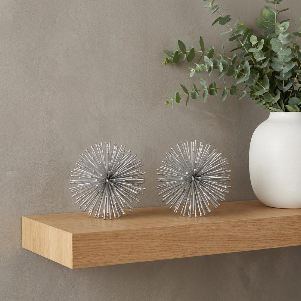 Set of Two Silver Iron Decorative Spiky Sphere Tabletop Sculpture  Warm Home View