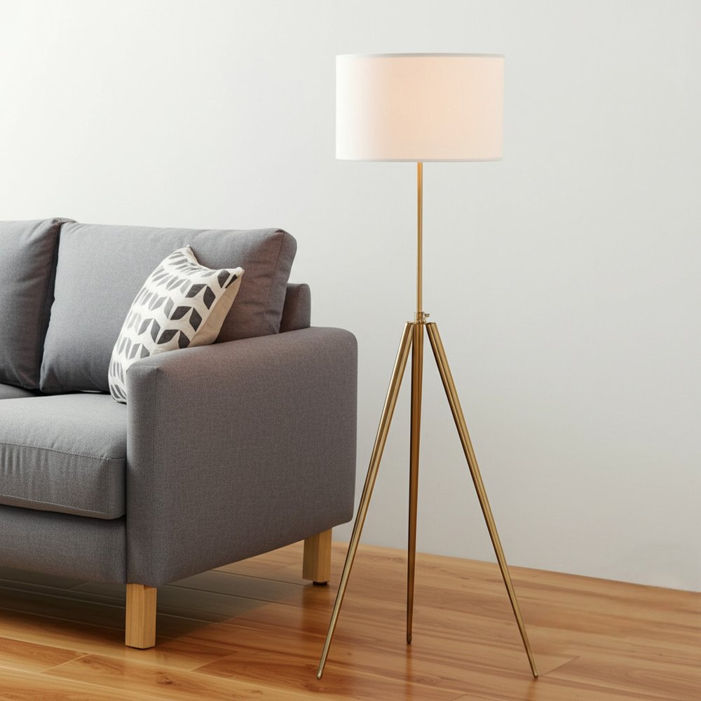 Gold Metal Adjustable Tripod Floor Lamp With White Linen Drum Shade  Warm Home View