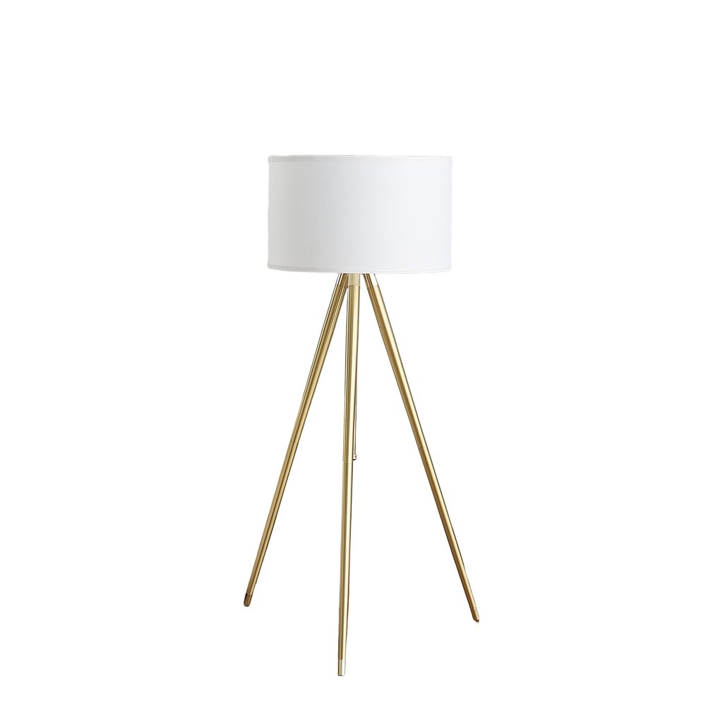 Gold Metal Adjustable Tripod Floor Lamp With White Linen Drum Shade  Warm Home View