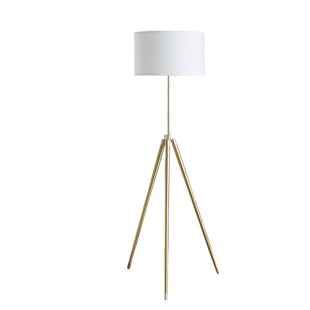 Gold Metal Adjustable Tripod Floor Lamp With White Linen Drum Shade  Warm Home View