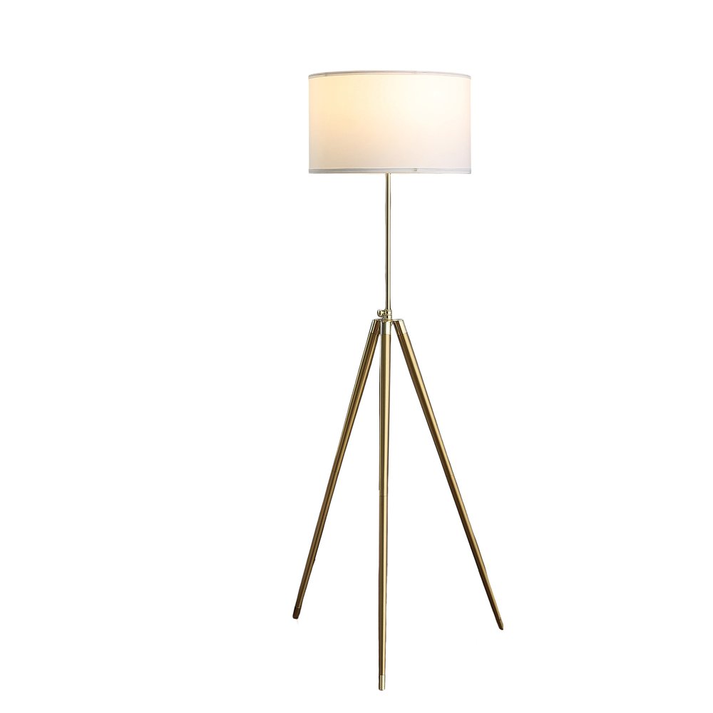 Gold Metal Adjustable Tripod Floor Lamp With White Linen Drum Shade  Warm Home View