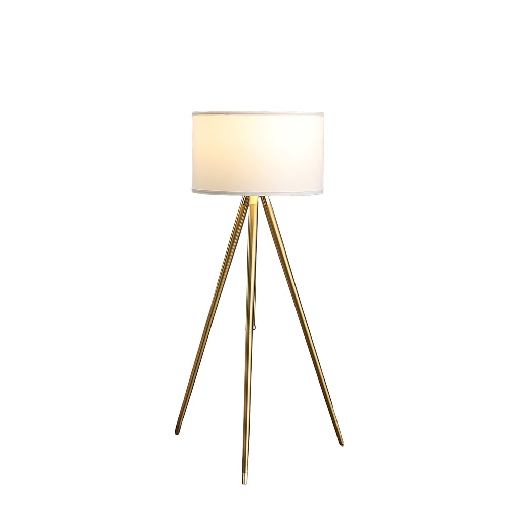 Gold Metal Adjustable Tripod Floor Lamp With White Linen Drum Shade  Warm Home View