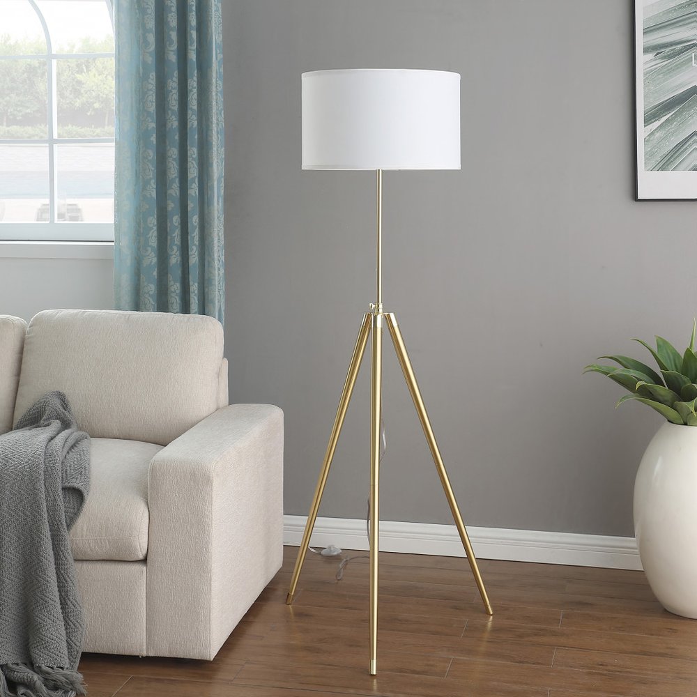 Gold Metal Adjustable Tripod Floor Lamp With White Linen Drum Shade  Warm Home View