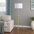 Gold Metal Adjustable Tripod Floor Lamp With White Linen Drum Shade  Warm Home View