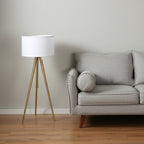 Gold Metal Adjustable Tripod Floor Lamp With White Linen Drum Shade  Warm Home View