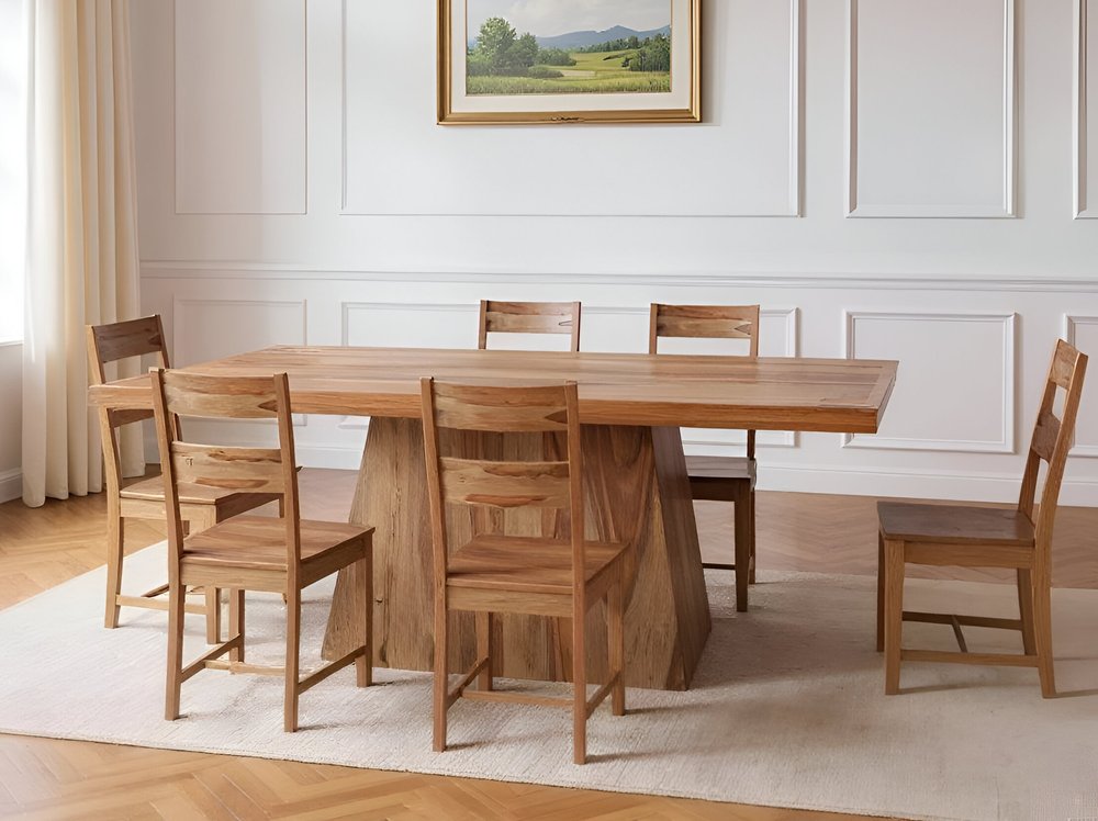 Seven Piece Brown Solid Wood Dining Set with Six Chairs  Warm Home View