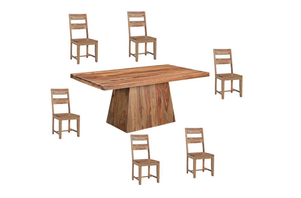 Seven Piece Brown Solid Wood Dining Set with Six Chairs  Warm Home View
