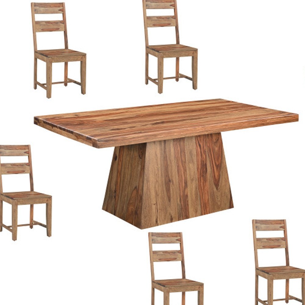 Seven Piece Brown Solid Wood Dining Set with Six Chairs  Warm Home View