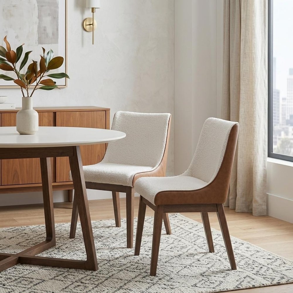 Set of Two White and Brown Velvet Dining Side Chairs  Warm Home View