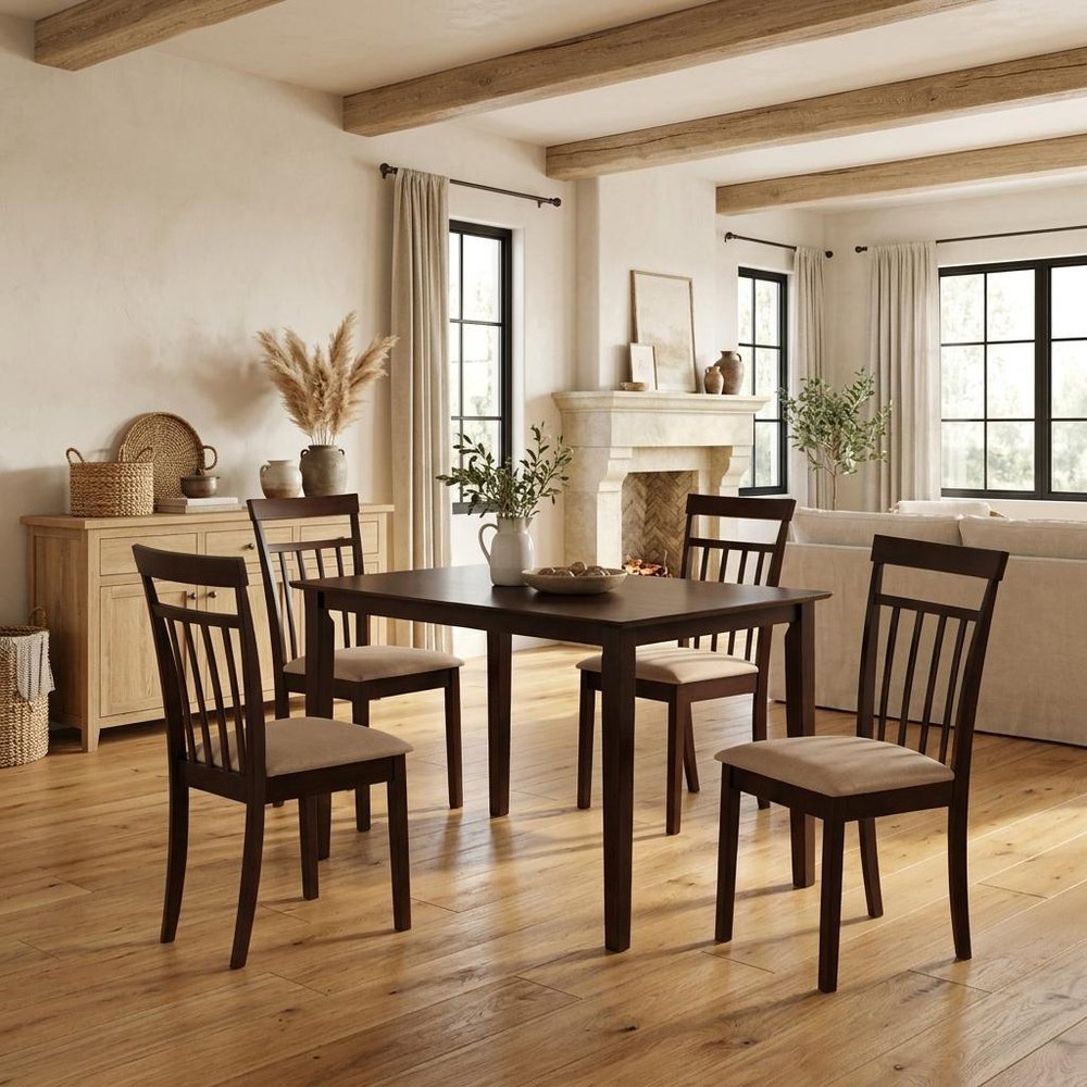 Five Piece Espresso Wood Dining Set with Four Chairs  Warm Home View