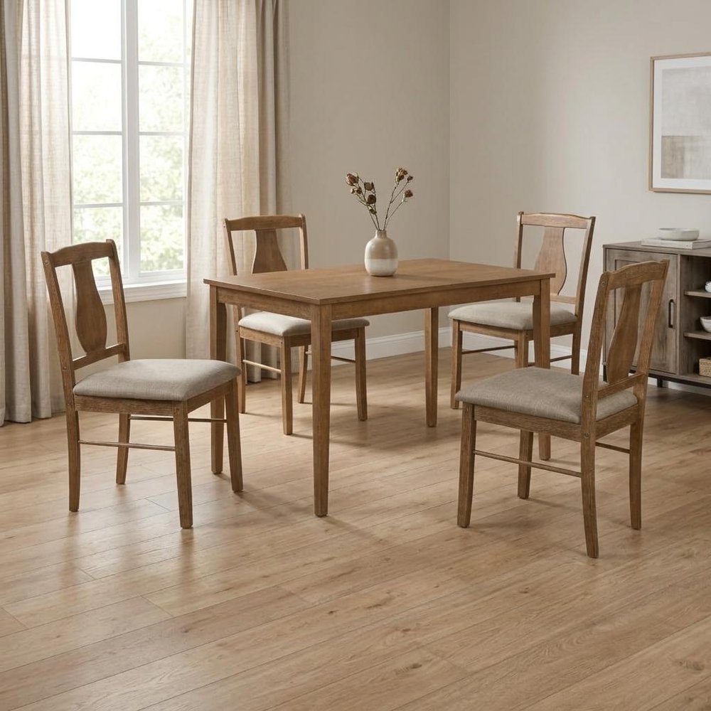 Five Piece Oak Solid Wood Dining Set with Four Chairs  Warm Home View