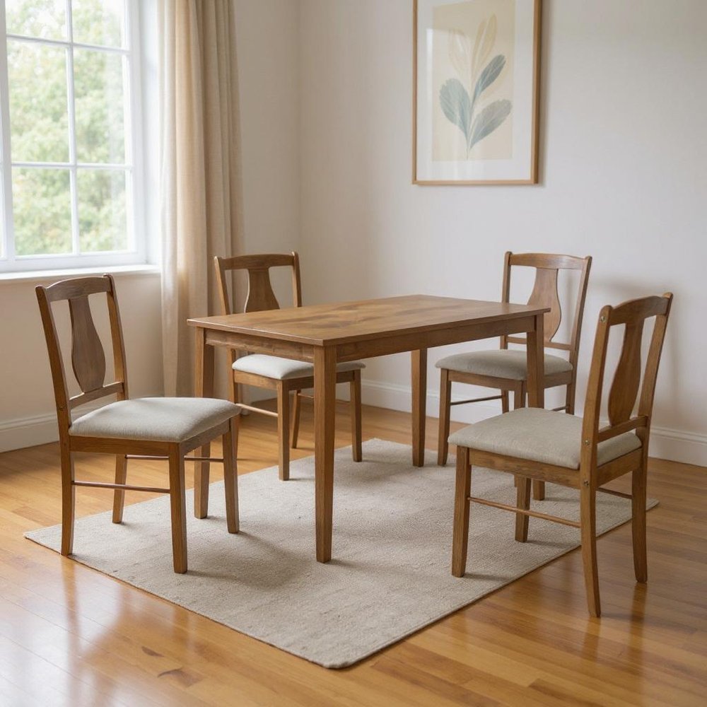 Five Piece Oak Solid Wood Dining Set with Four Chairs  Warm Home View